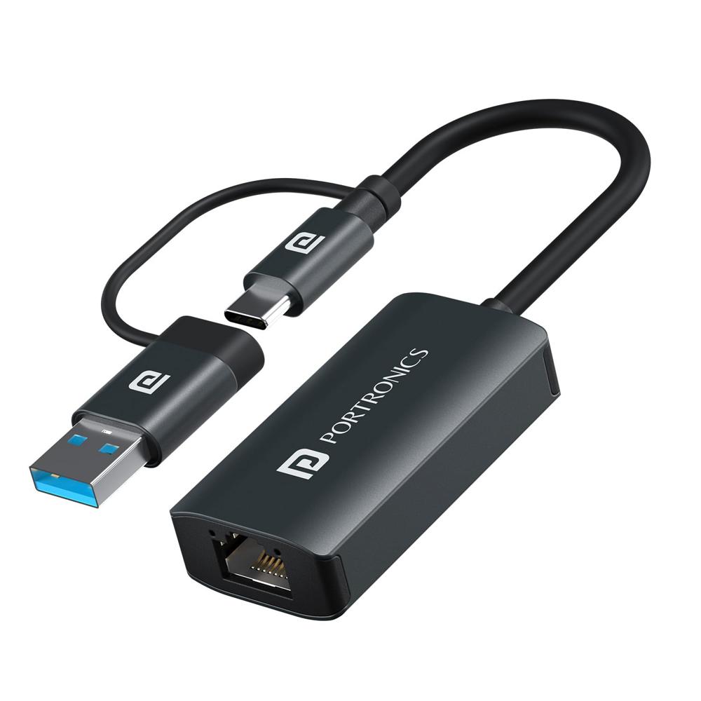 Portronics Mport X1 Gigabit Ethernet Adapter With Dual Plugs (type C + Usb), - Color: Grey