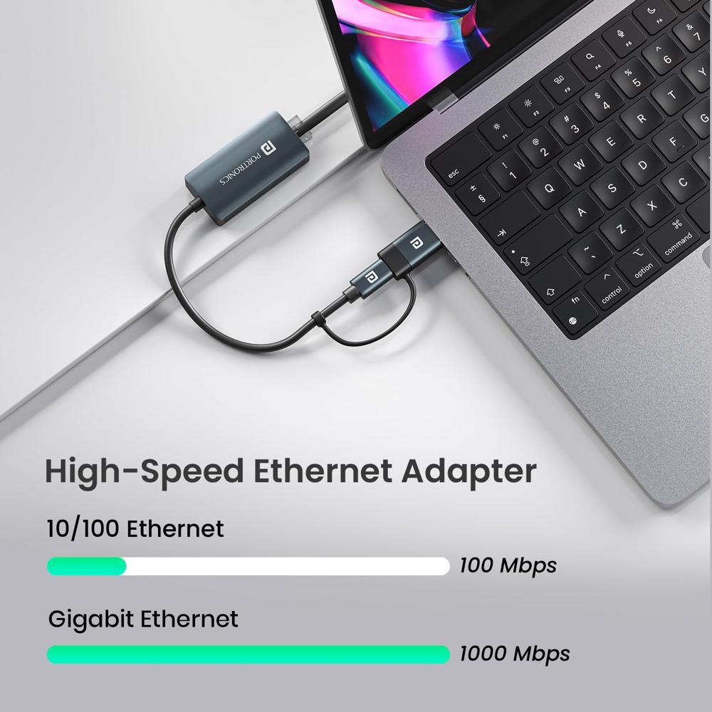 Portronics Mport X1 Gigabit Ethernet Adapter with Dual Plugs (Type C + USB),