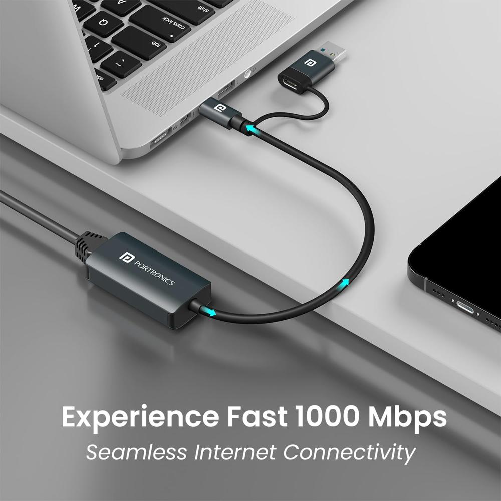 Portronics Mport X1 Gigabit Ethernet Adapter with Dual Plugs (Type C + USB),