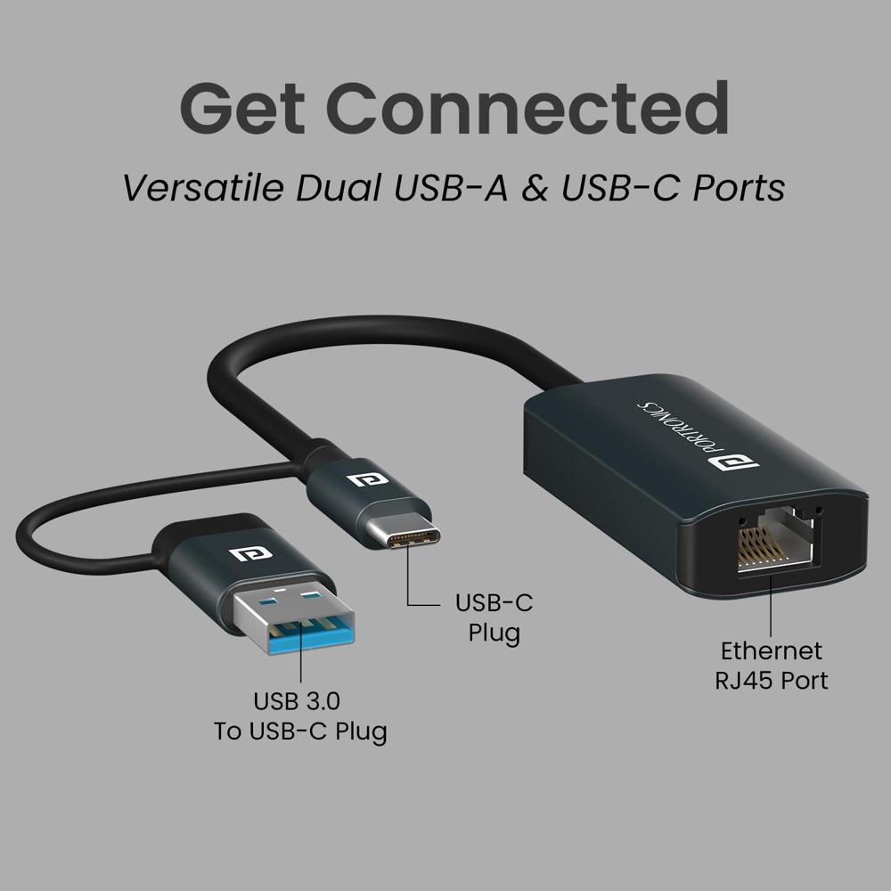 Portronics Mport X1 Gigabit Ethernet Adapter with Dual Plugs (Type C + USB),