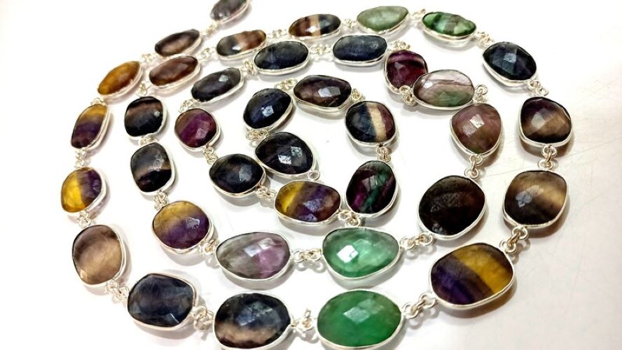 Natural Fluorite Gemstone Briolette Free Shape 10 To 15Mm Bezel Connector Chain - Color: Multi