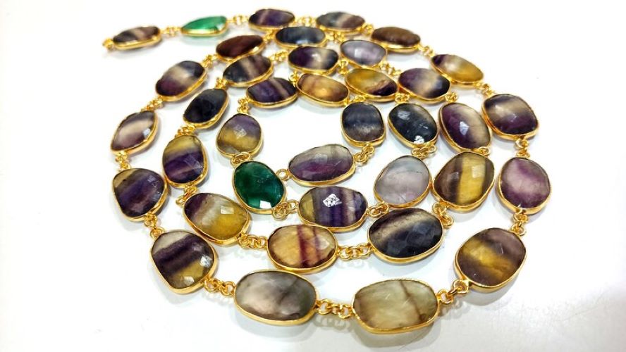 Natural Fluorite Gemstone Briolette Free Shape 10 to 15mm bezel Connector Chain 