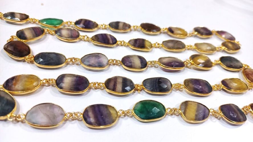 Natural Fluorite Gemstone Briolette Free Shape 10 to 15mm bezel Connector Chain 