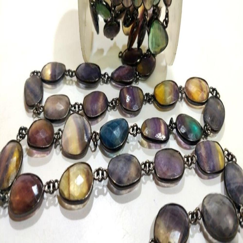 Natural Fluorite Gemstone Briolette Free Shape 10 to 15mm bezel Connector Chain 