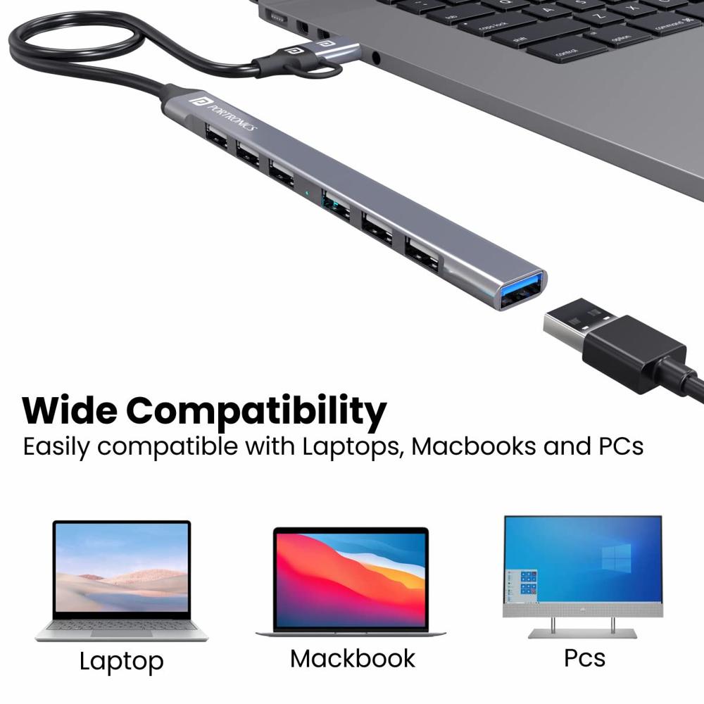 Portronics Mport 7 USB Hub Dock(7-in-1), Multiport Adapter with Dual Convertible USB & Type C Heads