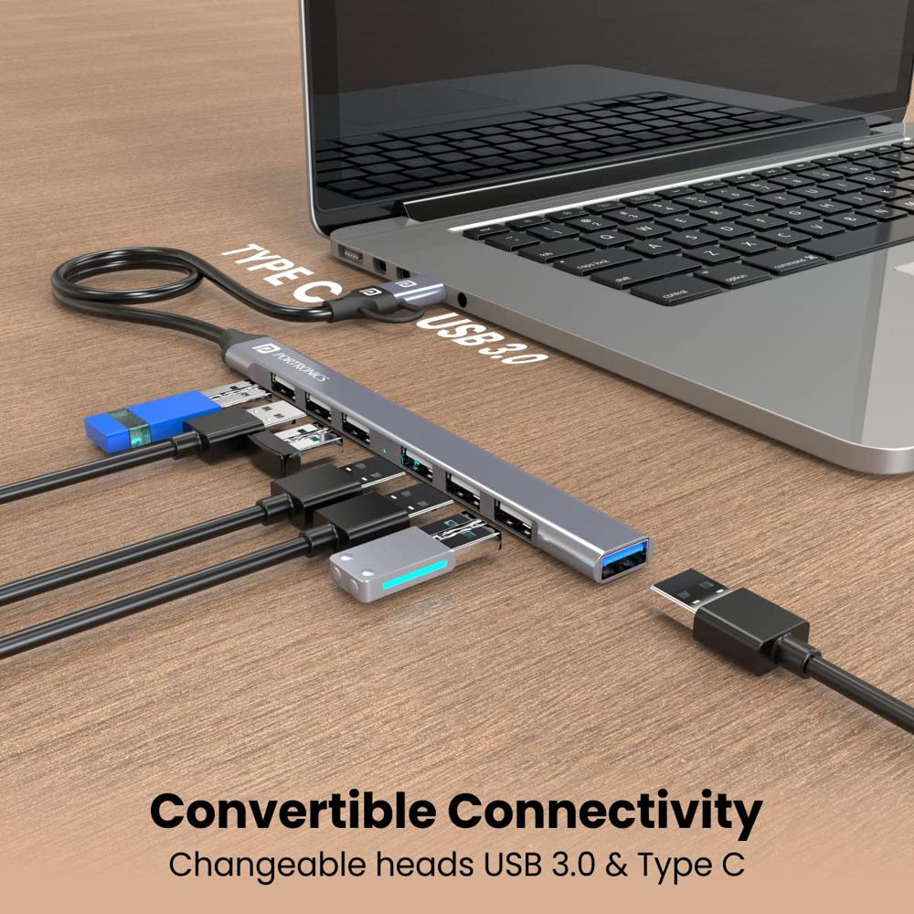 Portronics Mport 7 USB Hub Dock(7-in-1), Multiport Adapter with Dual Convertible USB & Type C Heads