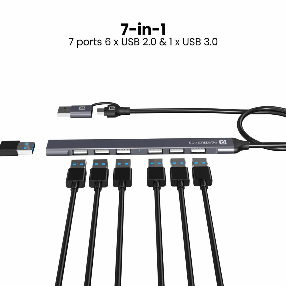Portronics Mport 7 USB Hub Dock(7-in-1), Multiport Adapter with Dual Convertible USB & Type C Heads