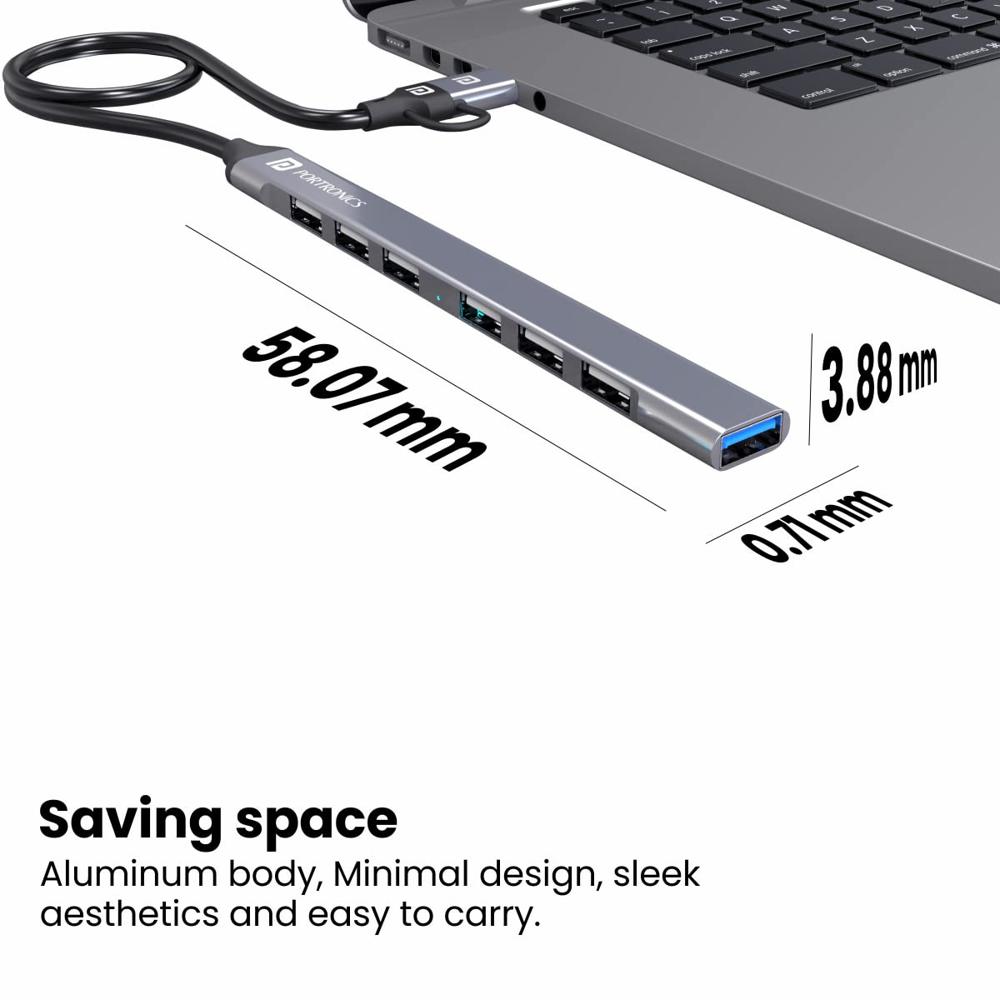 Portronics Mport 7 USB Hub Dock(7-in-1), Multiport Adapter with Dual Convertible USB & Type C Heads
