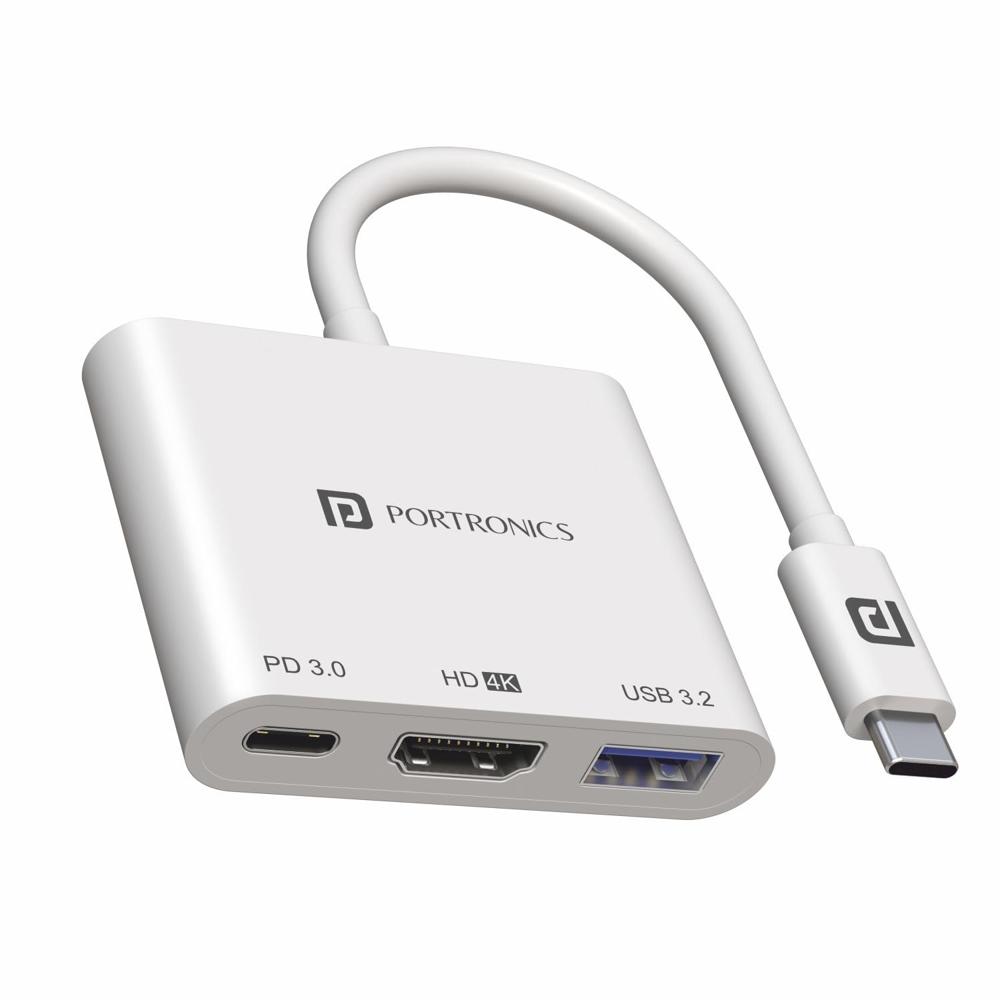 Portronics C-konnect Type C To Hdmi Adapter (3-in-1), Multiport Usb C Hub With 4k@30hz, Usb - Color: Grey