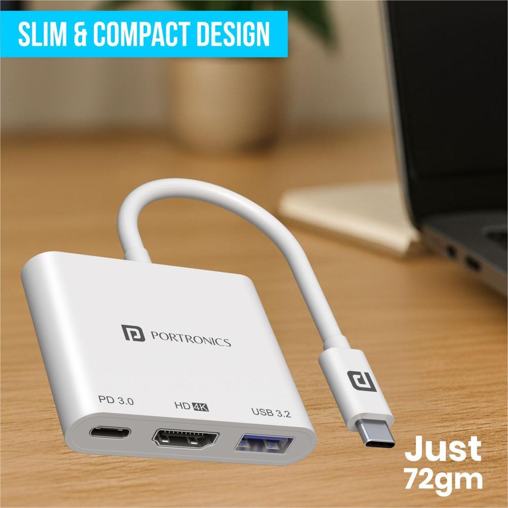 Portronics C-Konnect Type C to HDMI Adapter (3-in-1), Multiport USB C Hub with 4K@30Hz, USB