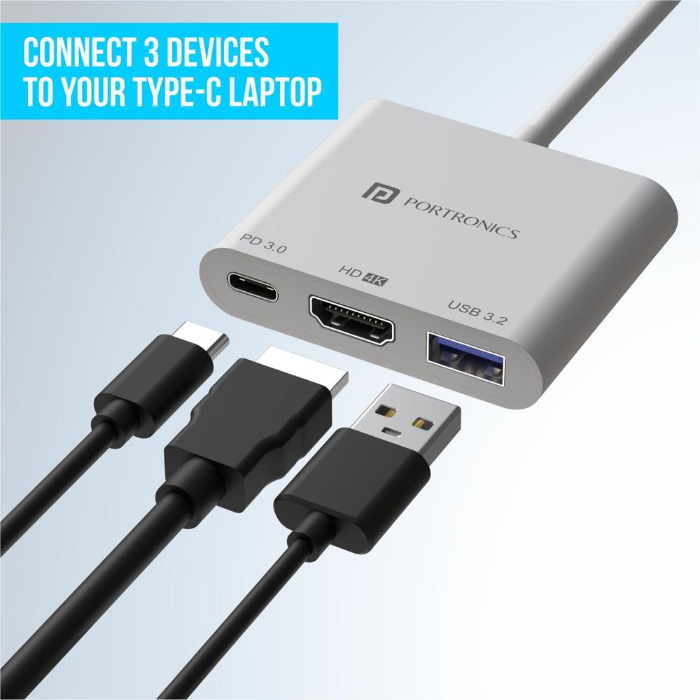 Portronics C-Konnect Type C to HDMI Adapter (3-in-1), Multiport USB C Hub with 4K@30Hz, USB