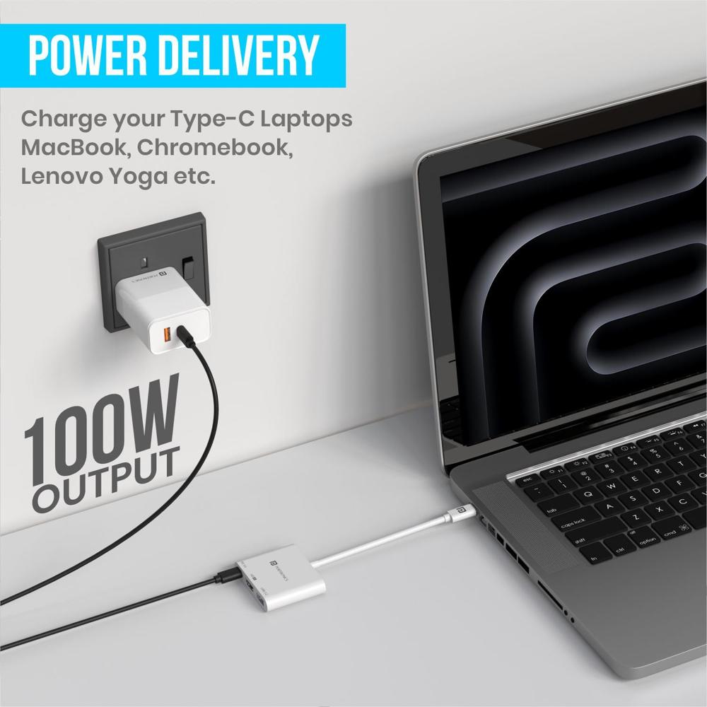 Portronics C-Konnect Type C to HDMI Adapter (3-in-1), Multiport USB C Hub with 4K@30Hz, USB