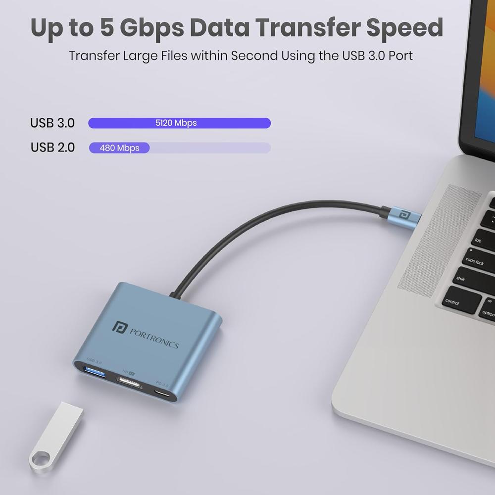 Portronics C-Konnect Plus Type-C to HDMI Adapter (3-in-1), Multiport USB-C Hub with 4K / 30Hz HDMI