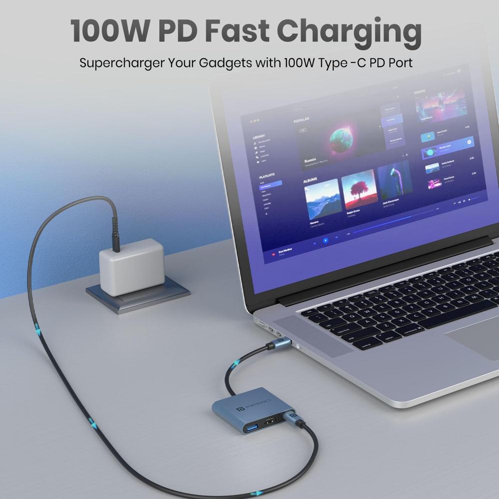 Portronics C-Konnect Plus Type-C to HDMI Adapter (3-in-1), Multiport USB-C Hub with 4K / 30Hz HDMI
