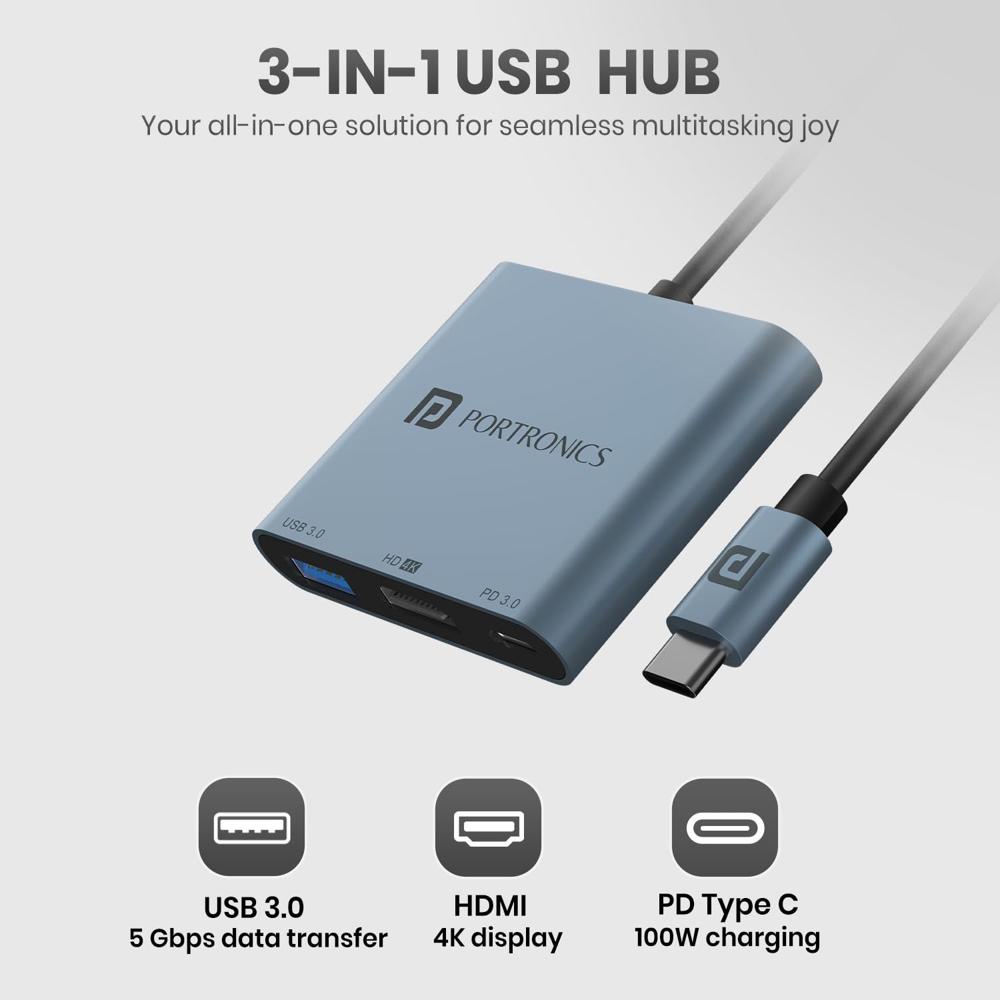 Portronics C-Konnect Plus Type-C to HDMI Adapter (3-in-1), Multiport USB-C Hub with 4K / 30Hz HDMI