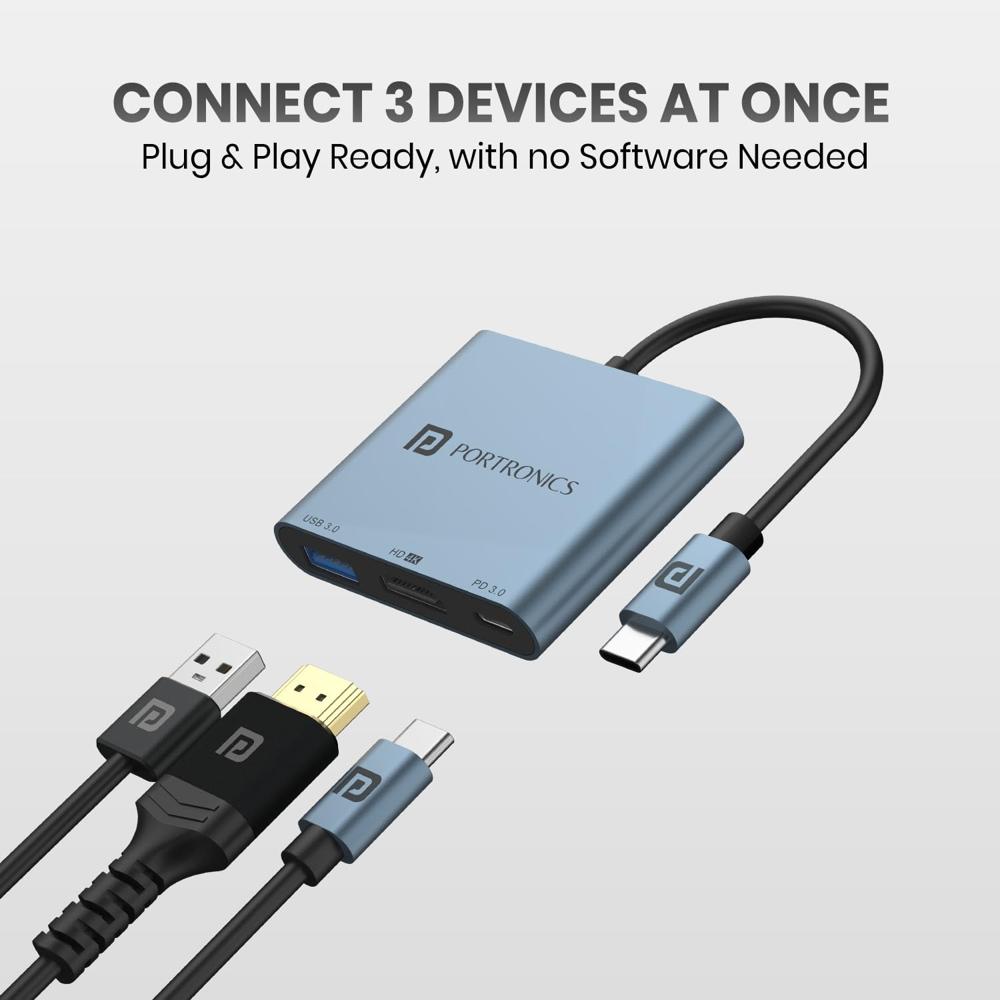 Portronics C-Konnect Plus Type-C to HDMI Adapter (3-in-1), Multiport USB-C Hub with 4K / 30Hz HDMI