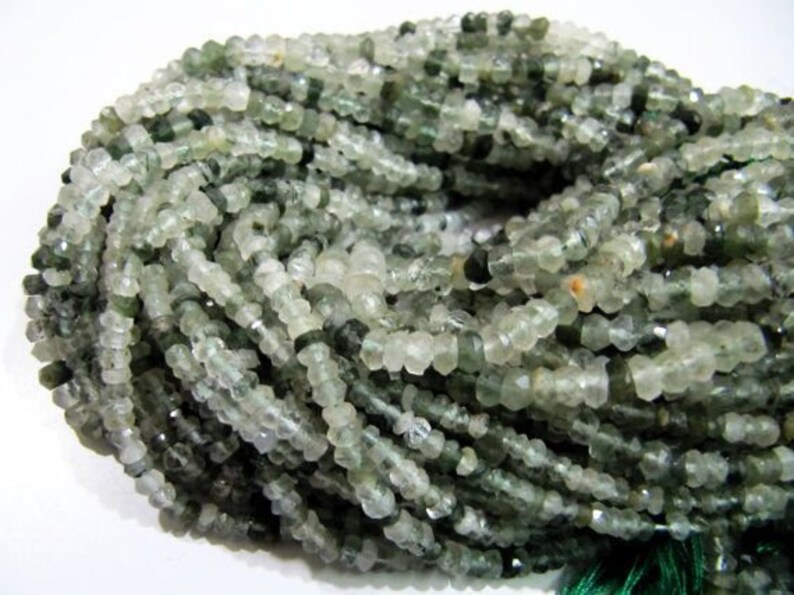 Natural Green Rutilated Quartz Beads 3.5 to 4.5mm Rondelle faceted Strands 13 inches Long