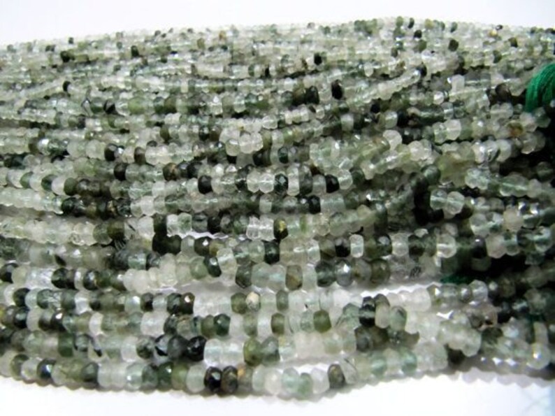 Natural Green Rutilated Quartz Beads 3.5 to 4.5mm Rondelle faceted Strands 13 inches Long