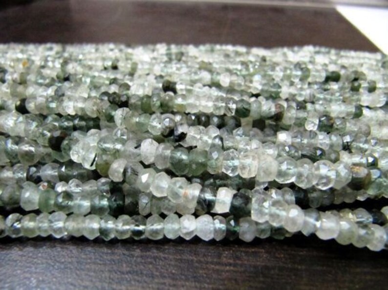 Natural Green Rutilated Quartz Beads 3.5 to 4.5mm Rondelle faceted Strands 13 inches Long