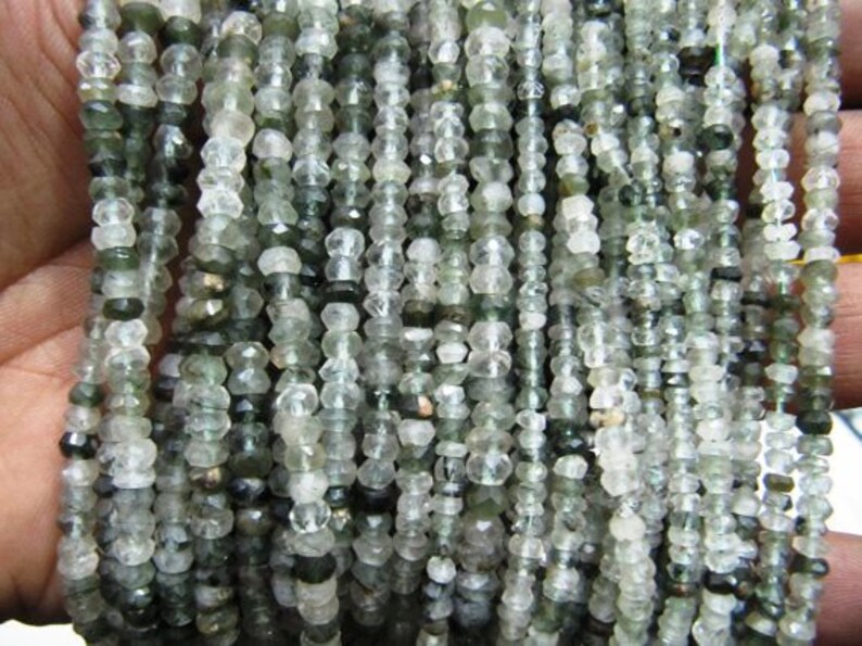 Natural Green Rutilated Quartz Beads 3.5 to 4.5mm Rondelle faceted Strands 13 inches Long
