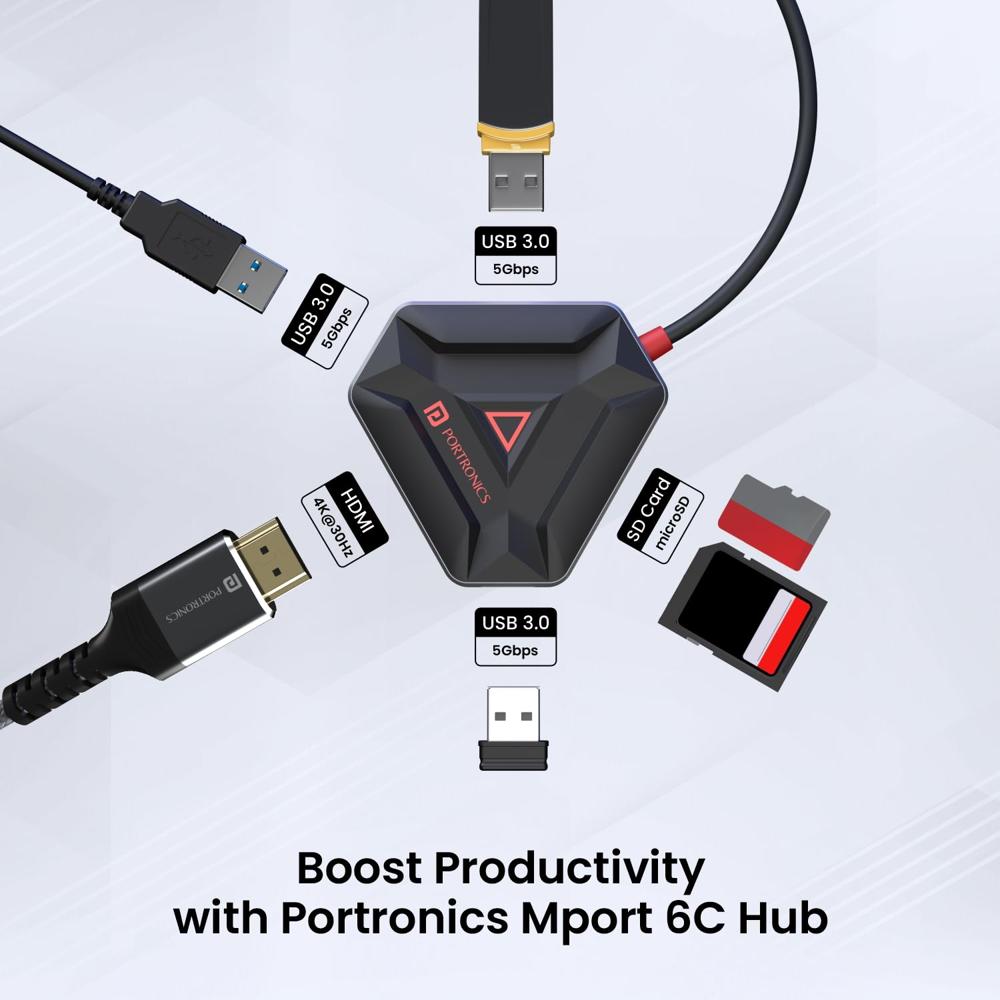 Portronics Mport 6C USB C Hub (6-in-1) Multiport Adapter with HDMI, 3-Port