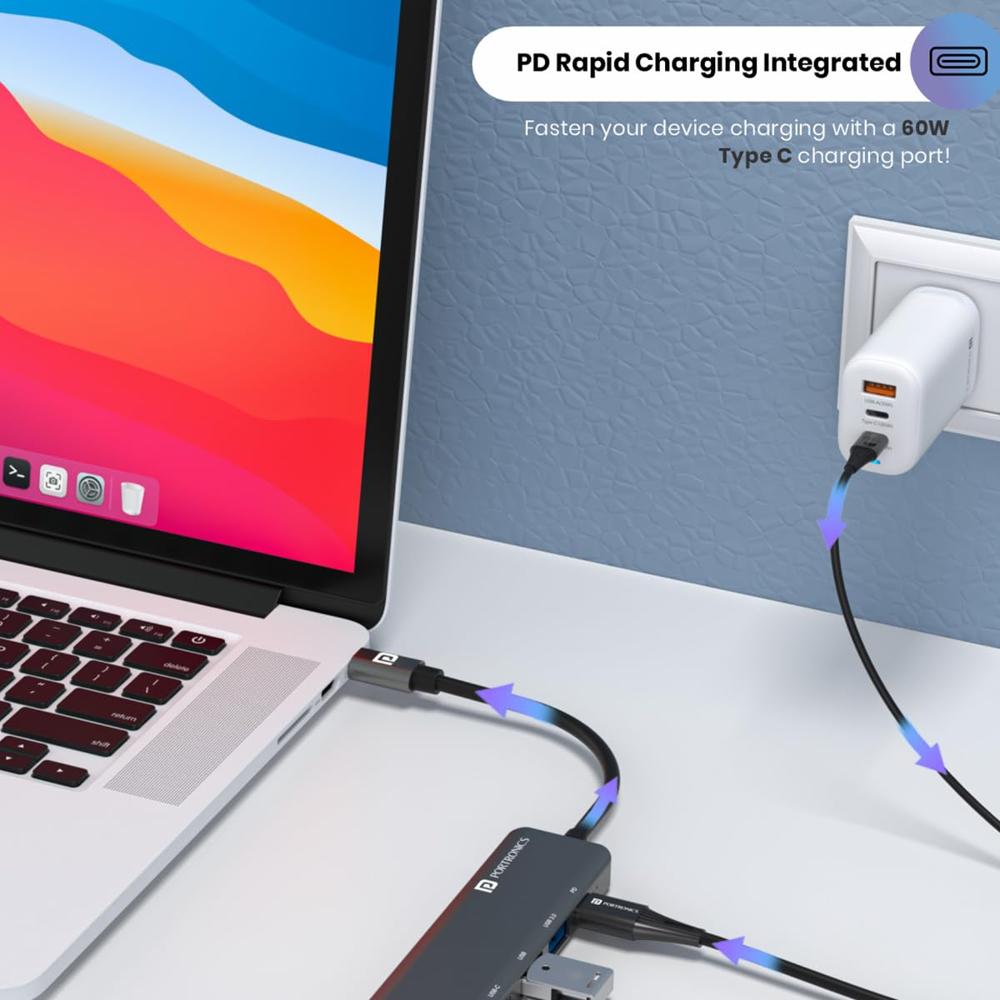 Portronics Mport 52 USB C Hub Dock (7-in-1), Multiport Adapter with 4K HDMI, 60 W PD Charging, USB
