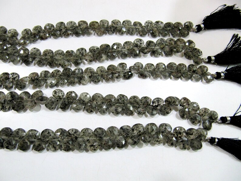 Natural Black Rutile Dot Quartz Heart Shape Briolette 10mm Faceted  Strand 10 inches long