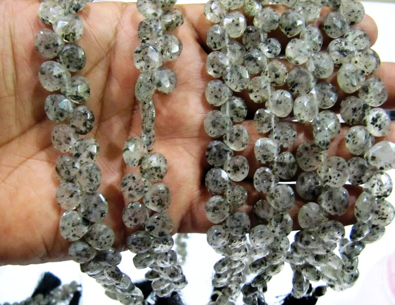 Natural Black Rutile Dot Quartz Heart Shape Briolette 10mm Faceted  Strand 10 inches long