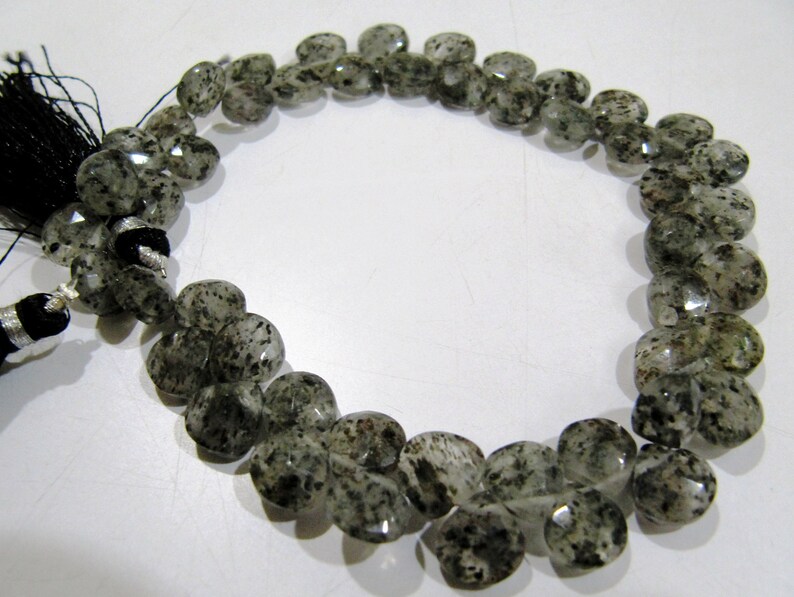 Natural Black Rutile Dot Quartz Heart Shape Briolette 10mm Faceted  Strand 10 inches long