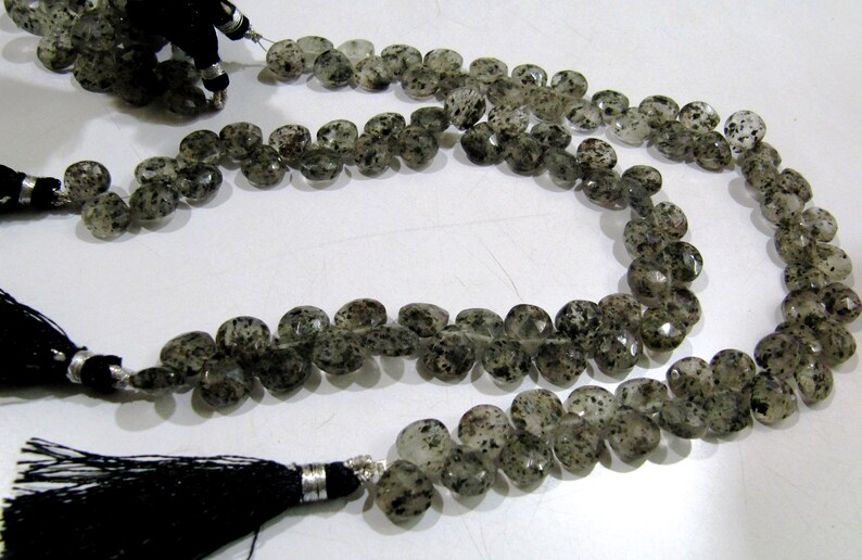 Natural Black Rutile Dot Quartz Heart Shape Briolette 10mm Faceted  Strand 10 inches long