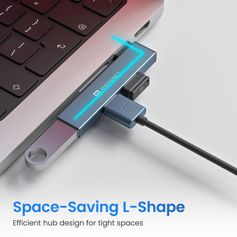 Portronics Mport Mino A USB 3.0 Hub Dock (3-in-1) with USB 3.0 SuperSpeed, Compact L-Shape