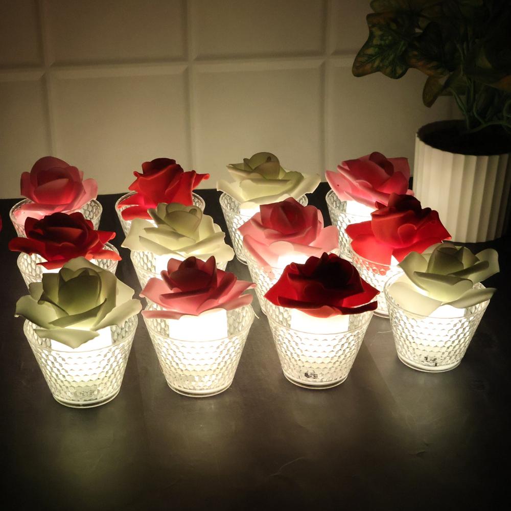 Rose Shaped Decorative Flameless Led Candles (12 Pc) - Material: Plastic