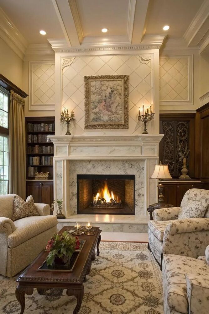 Marble Living Room Centered Fireplace