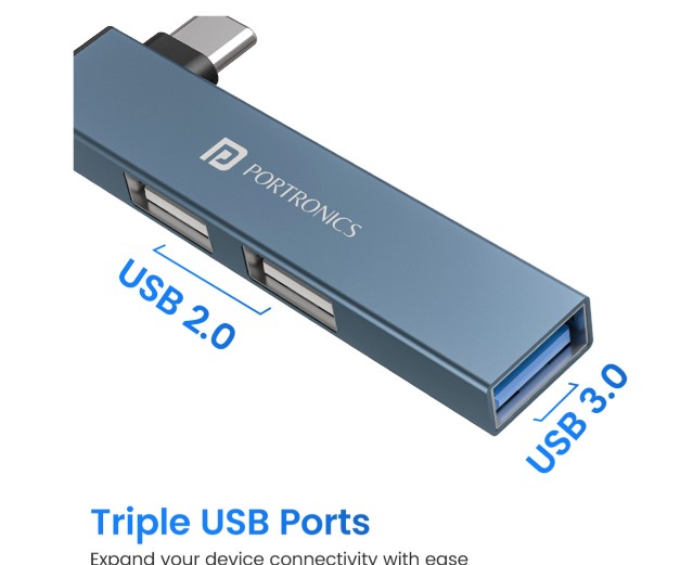 Portronics Mport Mino C USB-C Hub with 3 USB Ports, Type C Plug, USB 3.0, 2-Port USB 2.0 POR-2730 USB Hub (Grey)
