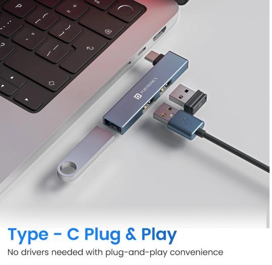 Portronics Mport Mino C USB-C Hub with 3 USB Ports, Type C Plug, USB 3.0, 2-Port USB 2.0 POR-2730 USB Hub (Grey)