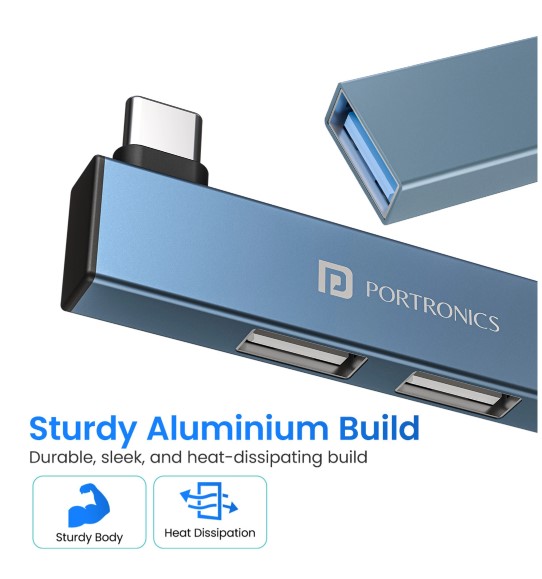 Portronics Mport Mino C USB-C Hub with 3 USB Ports, Type C Plug, USB 3.0, 2-Port USB 2.0 POR-2730 USB Hub (Grey)
