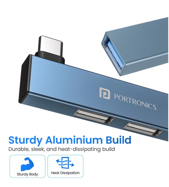 Portronics Mport Mino C USB-C Hub with 3 USB Ports, Type C Plug, USB 3.0, 2-Port USB 2.0 POR-2730 USB Hub (Grey)