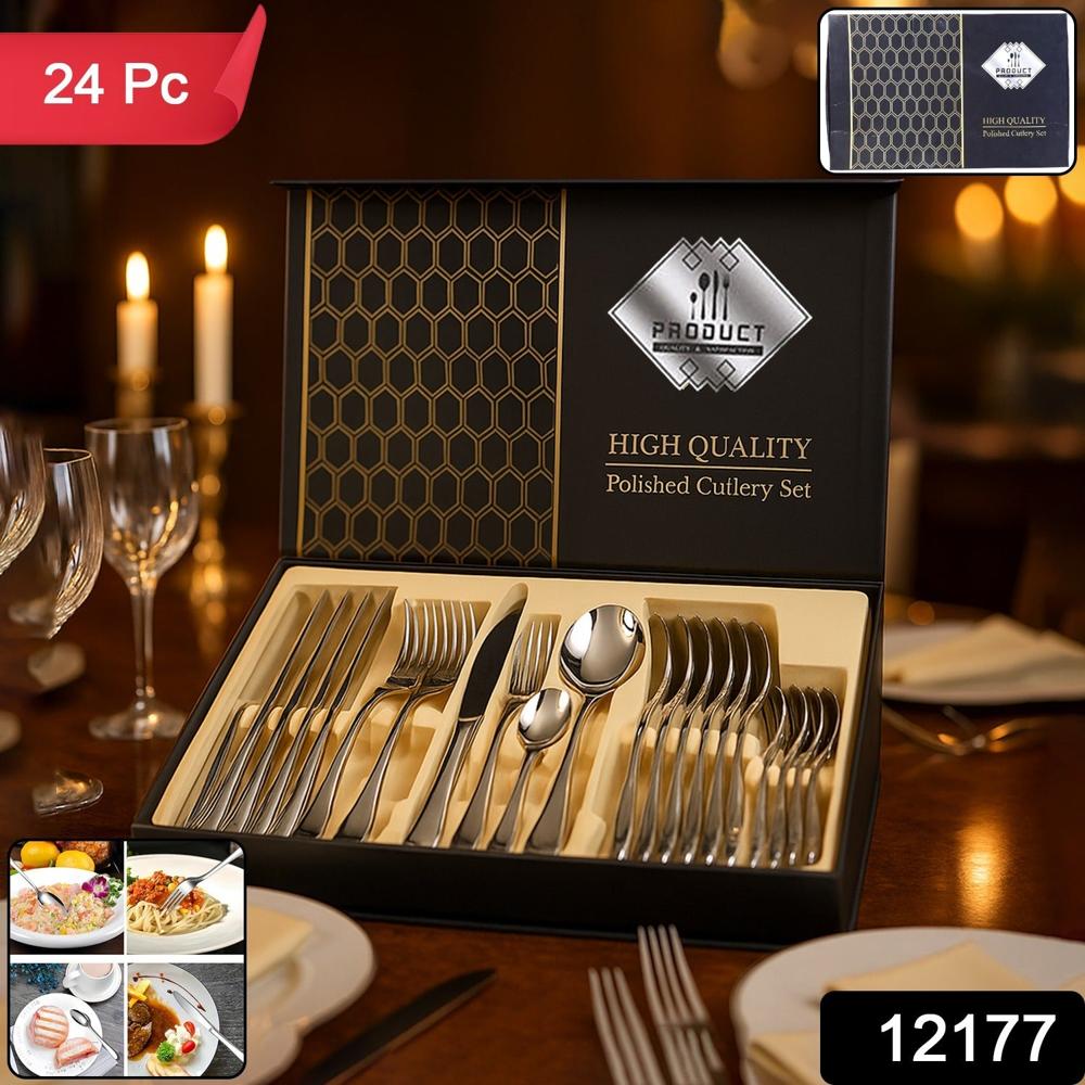 Premium Stainless Steel Polished Cutlery Set (24 Pc) - Color: Mix