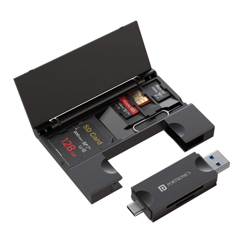 Portronics Mport 30 Plus Card Reader With Storage Case For Microsd & Sd Cards, Type-C & - Color: Black