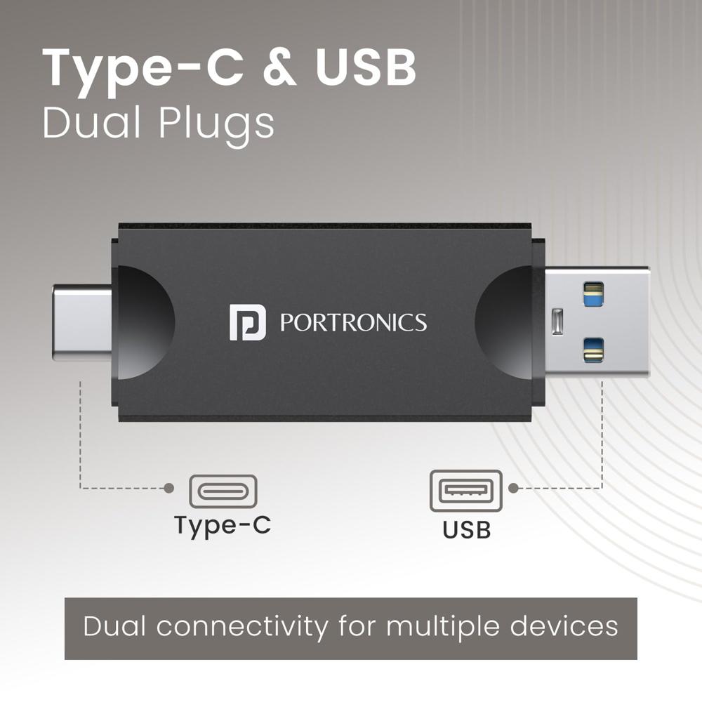 Portronics Mport 30 Plus Card Reader with Storage Case for microSD & SD Cards, Type-C &