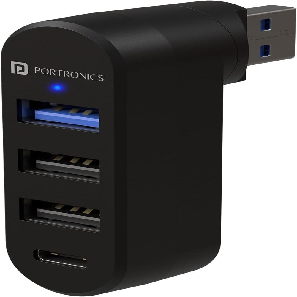 Portronics MPort Spin 4-in-1 USB Hub Dock with Type-C, USB 3.0 SuperSpeed, Rotating USB Plug, 2-Port USB 2.0 High-Speed, for Laptop, PC (Black)