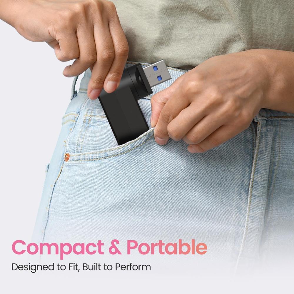 Portronics MPort Spin 4-in-1 USB Hub Dock with Type-C, USB 3.0 SuperSpeed, Rotating USB Plug, 2-Port USB 2.0 High-Speed, for Laptop, PC (Black)