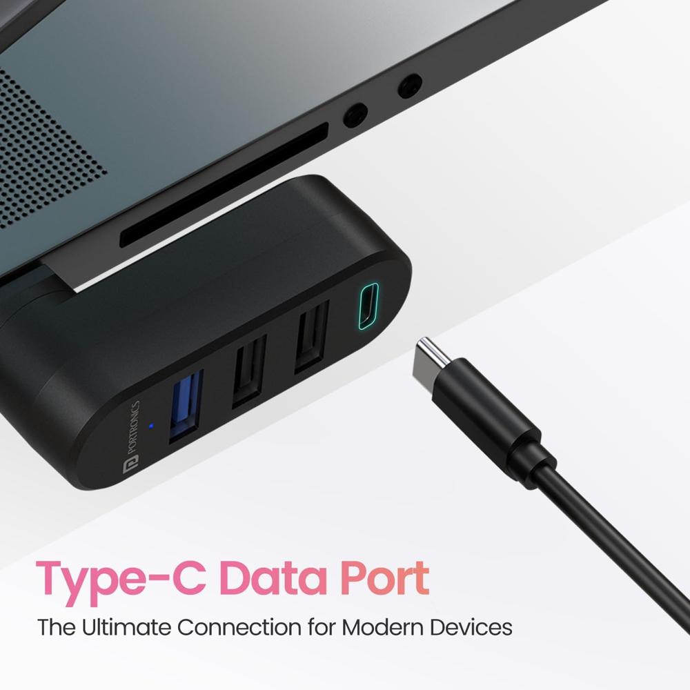 Portronics MPort Spin 4-in-1 USB Hub Dock with Type-C, USB 3.0 SuperSpeed, Rotating USB Plug, 2-Port USB 2.0 High-Speed, for Laptop, PC (Black)