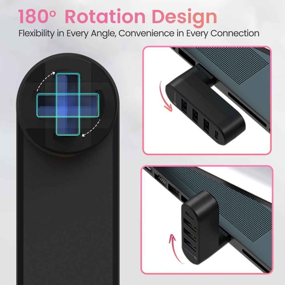 Portronics MPort Spin 4-in-1 USB Hub Dock with Type-C, USB 3.0 SuperSpeed, Rotating USB Plug, 2-Port USB 2.0 High-Speed, for Laptop, PC (Black)