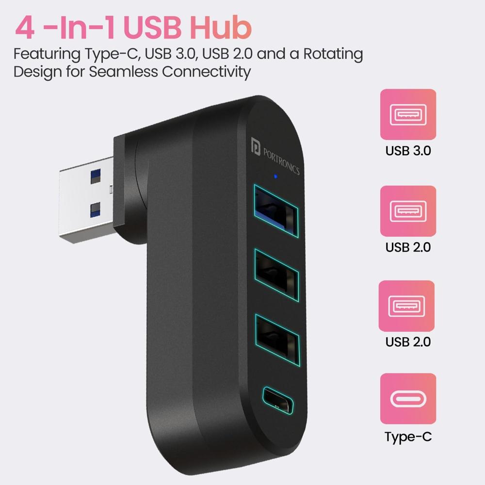 Portronics MPort Spin 4-in-1 USB Hub Dock with Type-C, USB 3.0 SuperSpeed, Rotating USB Plug, 2-Port USB 2.0 High-Speed, for Laptop, PC (Black)