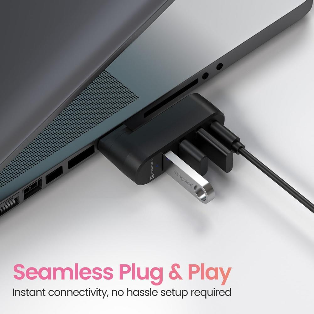 Portronics MPort Spin 4-in-1 USB Hub Dock with Type-C, USB 3.0 SuperSpeed, Rotating USB Plug, 2-Port USB 2.0 High-Speed, for Laptop, PC (Black)