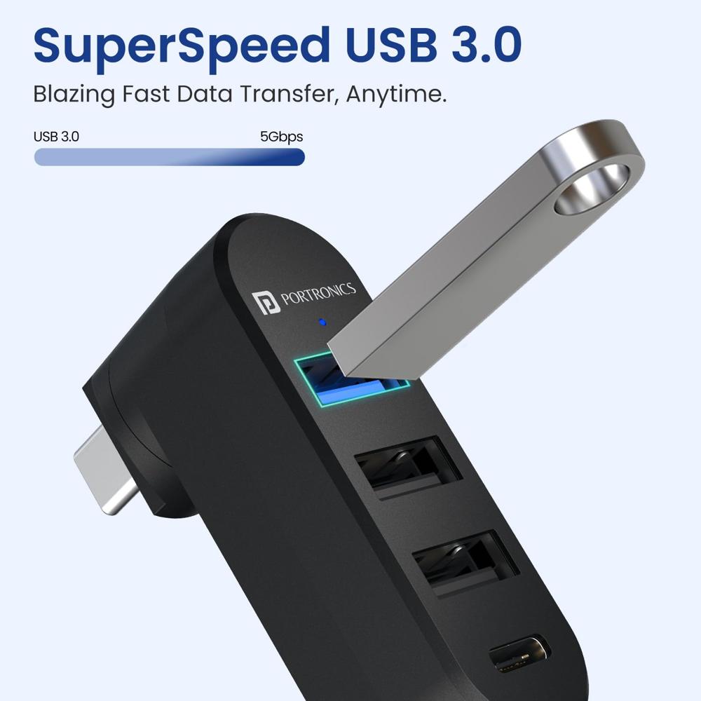 Portronics Mport Spin C, 4-in-1 Rotating USB Hub with Type-C Connector,