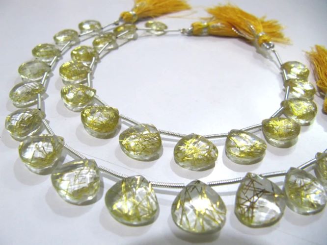 Golden Rutilated Hydro Quartz Heart Shape 11-12 mm Briolette Beads Strand 8 Inch Long