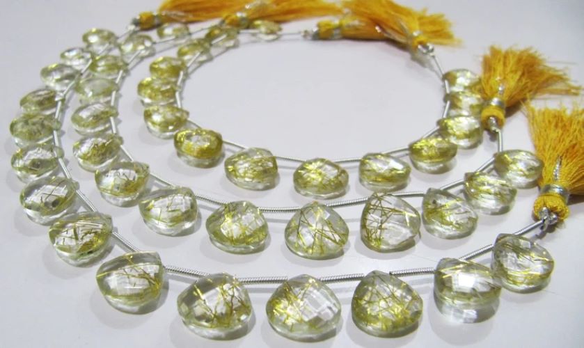 Golden Rutilated Hydro Quartz Heart Shape 11-12 mm Briolette Beads Strand 8 Inch Long