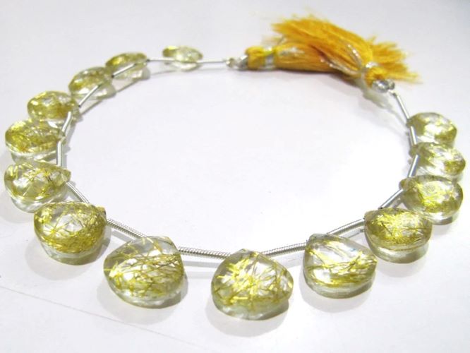 Golden Rutilated Hydro Quartz Heart Shape 11-12 mm Briolette Beads Strand 8 Inch Long
